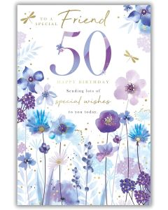 Female Friend 50th Birthday Card. Floral Design. 23x15cm