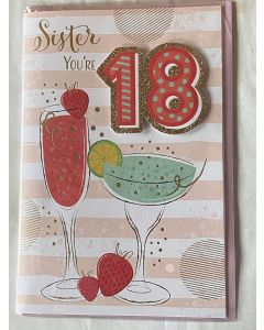 Sister Age 18th Birthday Card. Cocktail Glasses Design. 23x15cm