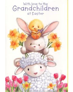 Grandchildren Easter Card. Chick, Bunny, Lamb Theme. 19x13cm