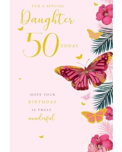 Daughter 50th Birthday Card. Butterfly Design. 23x15cm