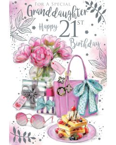 Granddaughter 21st Birthday Card. Floral Design. 23x15cm