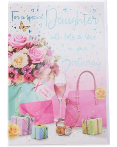 Daughter Birthday Card. Picture Handbag and flowers. 9x6 Inches