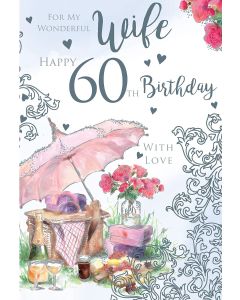 Wife 60th Birthday Card. Floral Design. 23x15cm