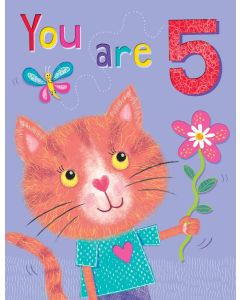 Girls Age 5 Birthday Card. Cute Cat Design. 19x13cm