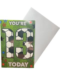 Boys you're 13 Today Birthday Card. Football Theme. 19x13cm