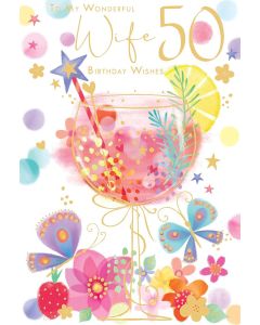 To A Wonderful Wife 50th Birthday Card. 50 Today. 23x15cm
