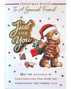 Christmas Card For A Special Friend. Teddy Bear Carrying Presents. 19x13cm