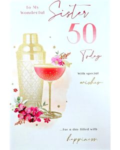 Sister  50th Birthday Card. Cocktail Design. 23x15cm