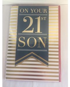 21st Son Birthday Card. Striped Design.  23x15cm