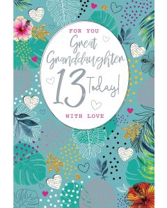 Great Granddaughter Age 13 Birthday Card. 13th Birthday. 23x15cm
