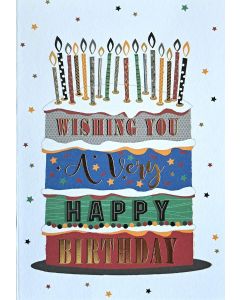Wishing You A Very Happy Birthday. Cake and Candle Card For Male. 19x13cm