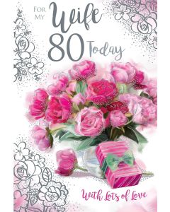 Wife 80th Birthday Card. Floral Design. 23x15cm