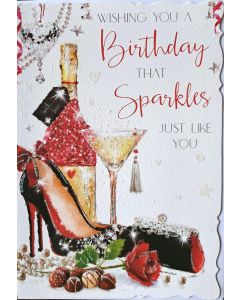 Ladies Bubbly Birthday Card. Wishing You A Birthday That Sparkles Just Like You. 19x13cm