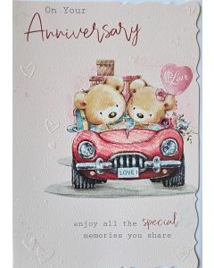 On Your Anniversary. Cute Teddy Bears In A Car Wedding Anniversary card. 19x13cm