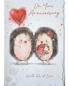 On Your Anniversary. Cute Hedgehog design Wedding Anniversary card. 19x13cm