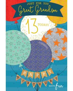 Great Grandson 13 Today Birthday Card. 23x15cm