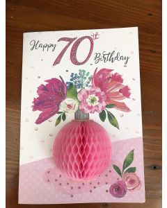 Happy 70th Birthday Card For Female With 3D Honeycomb Decoration. 9x6 Inches (23x15 cm)