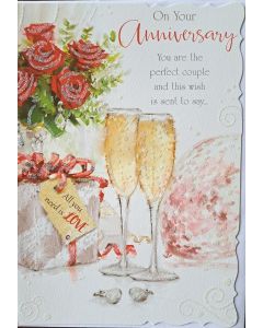 On Your Anniversary. Champagne Glasses Wedding Anniversary card. 19x13 cm