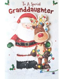 To A Special Granddaughter. Happy Christmas Card. Santa and Rudolph. 19x13cm